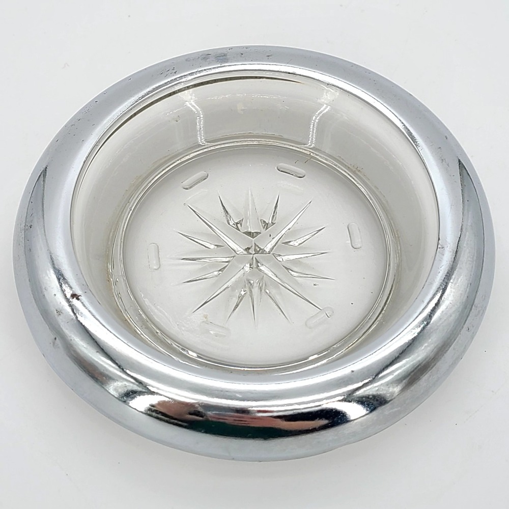 Vintage MCM Silver and Clear Glass Coaster or Ashtray, Starburst Cut 4" Unmarked